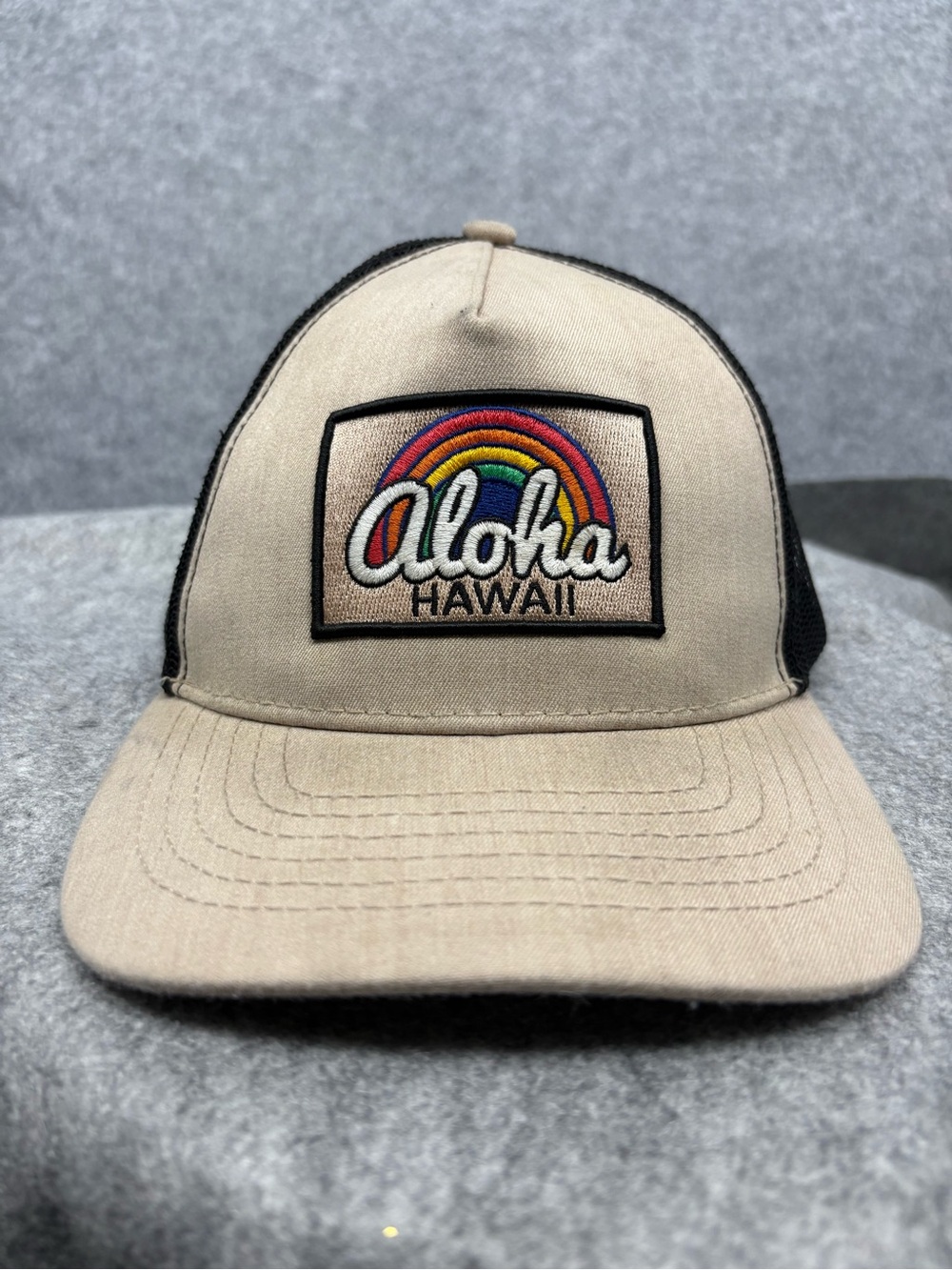 Aloha Hawaii Rainbow Trucker Hat Adjustable Mesh Snapback Tan Black